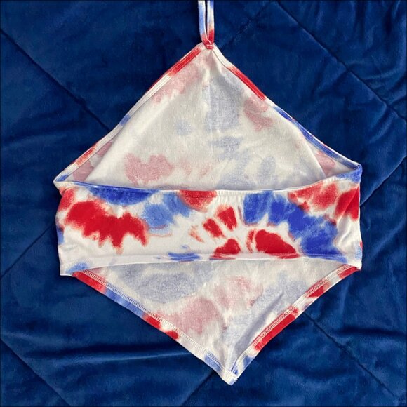 H&M Red + White + Blue Tie Dye Patterned Tied Halterneck Cropped V-Hem Top - Picture 4 of 4